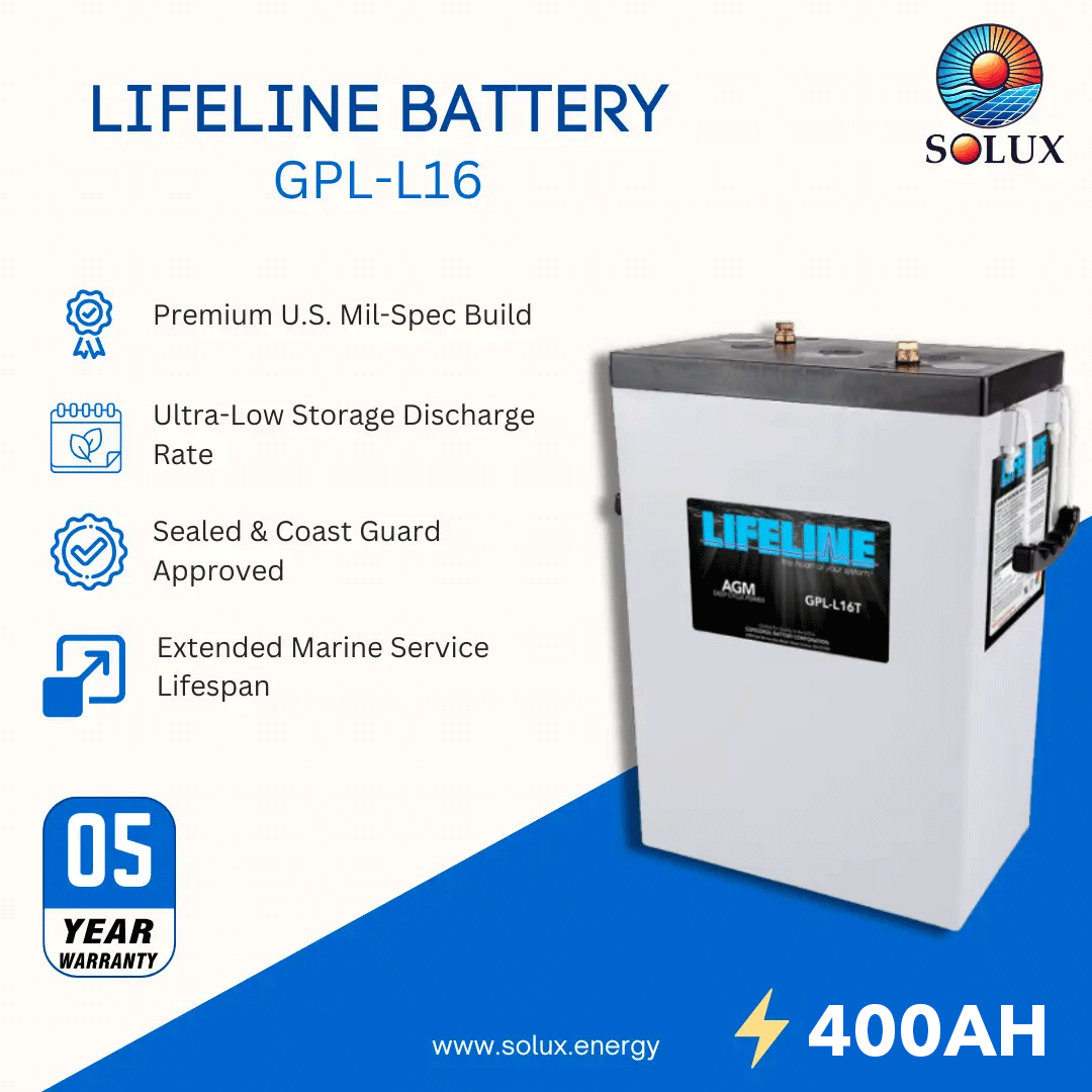Solux Lifeline Battery GPL-L16 marine battery shown on a white and blue promotional graphic with feature callouts and a 05-year warranty badge.